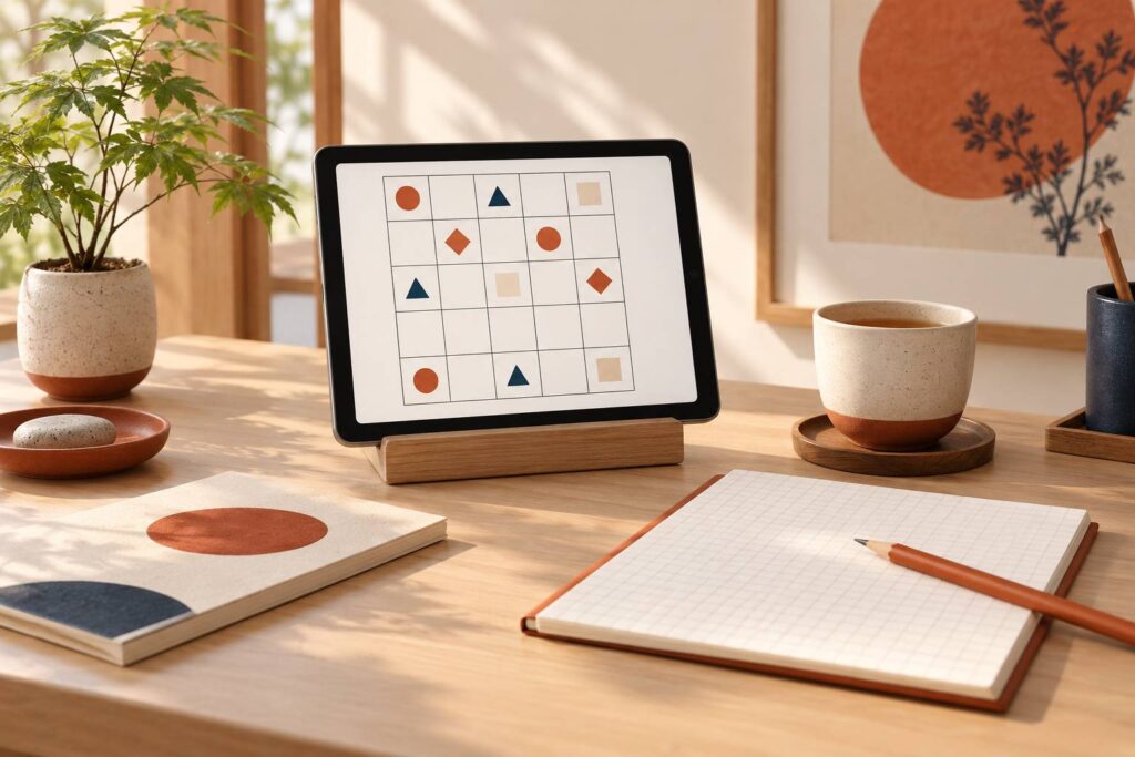Tablette affichant une grille de logique abstraite sur un bureau calme