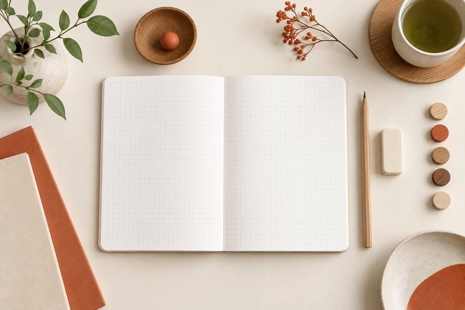 Carnet quadrillé, crayon et pions de bois posés sur un bureau