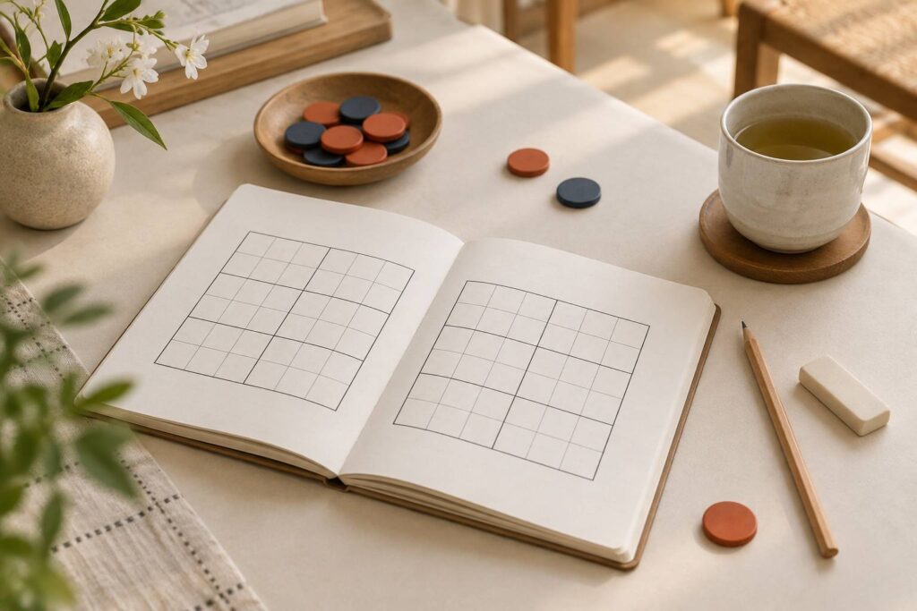 Table de jeu avec grille de puzzle vierge, crayon et jetons bicolores