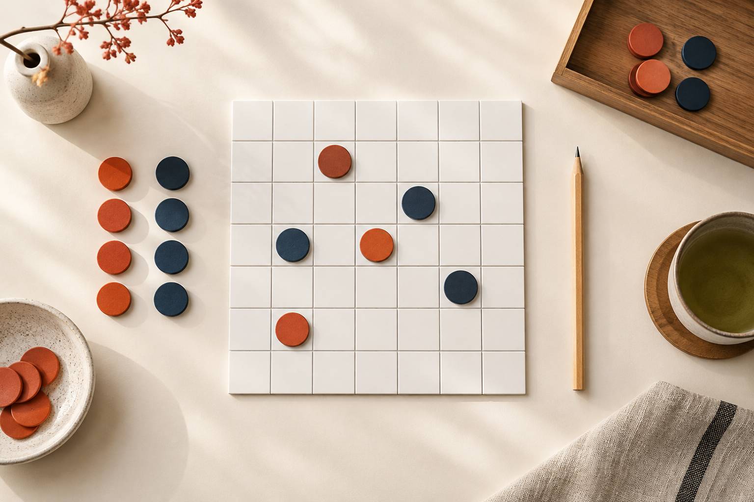 Jetons bicolores et grille de puzzle sur une table en bois